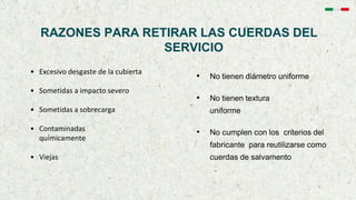 RAZONES PARA RETIRAR LAS CUERDAS DEL
SERVICIO
• Excesivo desgaste de la cubierta
• Sometidas a impacto severo
• Sometidas a sobrecarga
• Contaminadas
químicamente
• Viejas
• No tienen diámetro uniforme
• No tienen textura
uniforme
• No cumplen con los criterios del
fabricante para reutilizarse como
cuerdas de salvamento
 