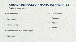 CUERDA DE NUCLEO Y MANTO (KERNMANTLE)
Revise en busca de . . .
• Abultamientos
• Depresiones
• Puntos suaves
• Irregularidades en la forma o tejido
• Olor fétido
• Decoloración
• Aspereza
• Abrasiones
• Pelusa
 