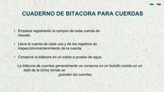 CUADERNO DE BITACORA PARA CUERDAS
• Empiece registrando la compra de cada cuerda de
rescate.
• Lleve la cuenta de cada uso y de los registros de
inspección/mantenimiento de la cuerda.
• Conserve la bitácora en un sobre a prueba de agua.
La bitácora de cuerdas generalmente se conserva en un bolsillo cosido en un
lado de la bolsa donde se
guardan las cuerdas.
 
