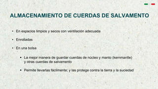 ALMACENAMIENTO DE CUERDAS DE SALVAMENTO
• En espacios limpios y secos con ventilación adecuada
• Enrolladas
• En una bolsa
 La mejor manera de guardar cuerdas de núcleo y manto (kernmantle)
y otras cuerdas de salvamento
 Permite llevarlas fácilmente; y las protege contra la tierra y la suciedad
 