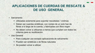 APLICACIONES DE CUERDAS DE RESCATE &
DE USO GENERAL
• Salvamento
 Utilizadas solamente para soportar rescatistas / víctimas
 Deben ser cuerdas sintéticas, con núcleo de un solo haz de
fibras a lo largo de la cuerda, y fabricadas con fibra virgen
 No deben volver a utilizarse a menos que cumplan con todos los
criterios para su reutilización
• Uso General
 Para cualquier uso excepto aplicaciones de salvamento
 Pueden ser sintéticas o de fibras naturales
 Se pueden volver a utilizar
 