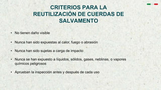CRITERIOS PARA LA
REUTILIZACIÓN DE CUERDAS DE
SALVAMENTO
• No tienen daño visible
• Nunca han sido expuestas al calor, fuego o abrasión
• Nunca han sido sujetas a carga de impacto
• Nunca se han expuesto a líquidos, sólidos, gases, neblinas, o vapores
químicos peligrosos
• Aprueban la inspección antes y después de cada uso
 