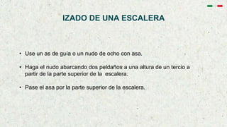 IZADO DE UNA ESCALERA
• Use un as de guía o un nudo de ocho con asa.
• Haga el nudo abarcando dos peldaños a una altura de un tercio a
partir de la parte superior de la escalera.
• Pase el asa por la parte superior de la escalera.
 