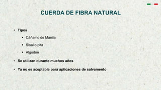 CUERDA DE FIBRA NATURAL
• Tipos
 Cáñamo de Manila
 Sisal o pita
 Algodón
• Se utilizan durante muchos años
• Ya no es aceptable para aplicaciones de salvamento
 