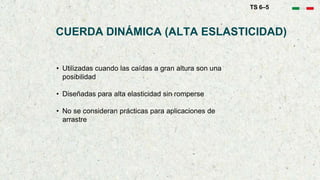 CUERDA DINÁMICA (ALTA ESLASTICIDAD)
• Utilizadas cuando las caídas a gran altura son una
posibilidad
• Diseñadas para alta elasticidad sin romperse
• No se consideran prácticas para aplicaciones de
arrastre
TS 6–5
 