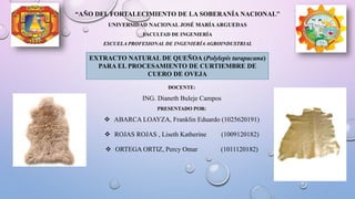 “AÑO DEL FORTALECIMIENTO DE LA SOBERANÍA NACIONAL”
UNIVERSIDAD NACIONAL JOSÉ MARÍA ARGUEDAS
FACULTAD DE INGENIERÍA
ESCUELA PROFESIONAL DE INGENIERÍA AGROINDUSTRIAL
DOCENTE:
ING. Dianeth Buleje Campos
PRESENTADO POR:
 ABARCA LOAYZA, Franklin Eduardo (1025620191)
 ROJAS ROJAS , Liseth Katherine (1009120182)
 ORTEGA ORTIZ, Percy Omar (1011120182)
EXTRACTO NATURAL DE QUEÑOA (Polylepis tarapacana)
PARA EL PROCESAMIENTO DE CURTIEMBRE DE
CUERO DE OVEJA
 