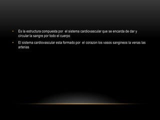 •   Es la estructura compuesta por el sistema cardiovascular que se encarda de dar y
    circular la sangre por todo el cuerpo
•   El sistema cardiovascular esta formado por el corazon los vasos sangineos la venas las
    arterias
 