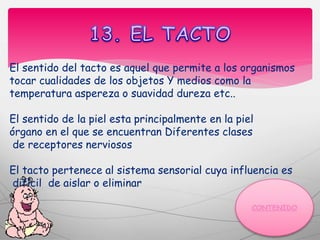 El sentido del tacto es aquel que permite a los organismos
tocar cualidades de los objetos Y medios como la
temperatura aspereza o suavidad dureza etc..
El sentido de la piel esta principalmente en la piel
órgano en el que se encuentran Diferentes clases
de receptores nerviosos
El tacto pertenece al sistema sensorial cuya influencia es
difícil de aislar o eliminar
 