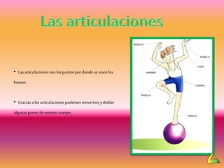 • Las articulaciones son los puntos por dondese unenlos
huesos.
• Gracias a las articulacionespodemos movernos ydoblar
algunas partes denuestro cuerpo.
 