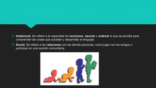  Intelectual. Se refiere a la capacidad de reconocer, asociar y ordenar lo que se percibe para
comprender las cosas que suceden y desarrollar el lenguaje.
 Social. Se refiere a las relaciones con las demás personas, como jugar con los amigos o
participar en una reunión comunitaria.
 