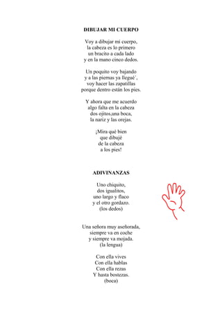 DIBUJAR MI CUERPO
Voy a dibujar mi cuerpo,
la cabeza es lo primero
un bracito a cada lado
y en la mano cinco dedos.
Un poquito voy bajando
y a las piernas ya llegué´,
voy hacer las zapatillas
porque dentro están los pies.
Y ahora que me acuerdo
algo falta en la cabeza
dos ojitos,una boca,
la nariz y las orejas.
¡Mira qué bien
que dibujé
de la cabeza
a los pies!
ADIVINANZAS
Uno chiquito,
dos igualitos,
uno largo y flaco
y el otro gordazo.
(los dedos)
Una señora muy aseñorada,
siempre va en coche
y siempre va mojada.
(la lengua)
Con ella vives
Con ella hablas
Con ella rezas
Y hasta bostezas.
(boca)
 