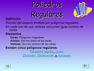 Poliedros Regulares Definición Porción del espacio limitada por polígonos regulares. En cada uno de sus vértices concurren igual numero de caras.  Elementos Caras:  Polígonos irregulares Aristas:  Son los lados de las caras Vértices:  Son los vértices de las caras. Existen cinco polígonos regulares: Tetraedro regular ,  Cubo,  Octaedro,  Dodecaedro  e  icosaedro 