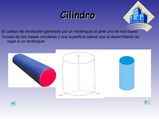 Cilindro  El cuerpo de revolución generado por un rectángulo al girar uno de sus lados. Consta de dos bases circulares y una superficie lateral que al desarrollarse da lugar a un rectángulo  
