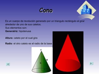 Cono  Es un cuerpo de revolución generado por un triangulo rectángulo al girar alrededor de uno de sus catetos. Sus elementos son: Generatriz : hipotenusa  Altura : cateto por el cual gira Radio : el otro cateto es el radio de la base   
