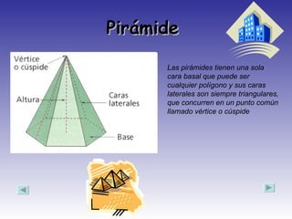 Pirámide  Las pirámides tienen una sola cara basal que puede ser cualquier polígono y sus caras laterales son siempre triangulares, que concurren en un punto común llamado vértice o cúspide  