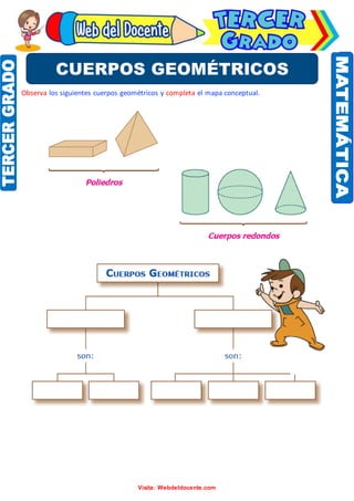 Matemática
Visita: Webdeldocente.com
Observa los siguientes cuerpos geométricos y completa el mapa conceptual.
CUERPOS GEOMÉTRICOS