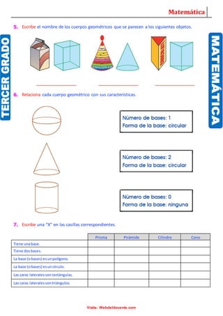 Matemática
Visita: Webdeldocente.com
5. Escribe el nombre de los cuerpos geométricos que se parecen a los siguientes objetos.
6. Relaciona cada cuerpo geométrico con sus características.
7. Escribe una “X” en las casillas correspondientes.
Prisma Pirámide Cilindro Cono
Tiene unabase.
Tiene dosbases.
La base (obases) esunpolígono.
La base (obases) esuncírculo.
Las caras lateralessonrectángulas.
Las caras lateralessontriángulos.
