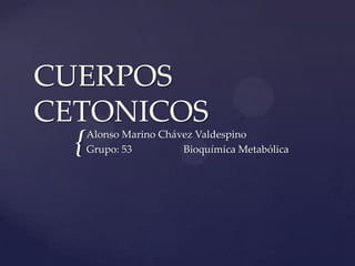 CUERPOS
CETONICOS
  {   Alonso Marino Chávez Valdespino
      Grupo: 53         Bioquímica Metabólica
 