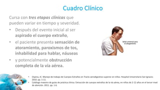 Cuadro Clínico
Cursa con tres etapas clínicas que
pueden variar en tiempo y severidad.
• Después del evento inicial al ser
aspirado el cuerpo extraño,
• el paciente presenta sensación de
atoramiento, paroxismos de tos,
inhabilidad para hablar, náuseas
• y potencialmente obstrucción
completa de la vía aérea.
• Ospina, JC. Manejo de trabajo de Cuerpos Extraños en Tracto aerodigestivo superior en niños. Hospital Universitario San Ignacio.
2010. pp. 1-11.
• Catálogo maestro de guías de práctica clínica. Extracción de cuerpos extraños de la vía aérea, en niños de 2-12 años en el tercer nivel
de atención. 2011. pp. 1-6.
 