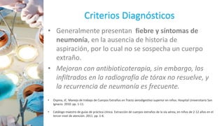 • Generalmente presentan fiebre y síntomas de
neumonía, en la ausencia de historia de
aspiración, por lo cual no se sospecha un cuerpo
extraño.
• Mejoran con antibioticoterapia, sin embargo, los
infiltrados en la radiografía de tórax no resuelve, y
la recurrencia de neumonía es frecuente.
Criterios Diagnósticos
• Ospina, JC. Manejo de trabajo de Cuerpos Extraños en Tracto aerodigestivo superior en niños. Hospital Universitario San
Ignacio. 2010. pp. 1-11.
• Catálogo maestro de guías de práctica clínica. Extracción de cuerpos extraños de la vía aérea, en niños de 2-12 años en el
tercer nivel de atención. 2011. pp. 1-6.
 