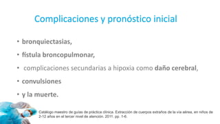 Complicaciones y pronóstico inicial
Catálogo maestro de guías de práctica clínica. Extracción de cuerpos extraños de la vía aérea, en niños de
2-12 años en el tercer nivel de atención. 2011. pp. 1-6.
• bronquiectasias,
• fístula broncopulmonar,
• complicaciones secundarias a hipoxia como daño cerebral,
• convulsiones
• y la muerte.
 