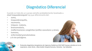 Diagnóstico Diferencial
Cuando se trata de un cuerpo extraño probablemente localizado a
nivel traqueobronquial hay que diferenciarlo del:
• asma,
• traqueobronquitis,
• neumonía,
• tráqueo- malacia,
• broncomalacia,
• malformaciones congénitas (anillos vasculares y otras),
• tumores,
• enfermedad granulomatosa
• y la tos psicógena.
• Protocolos diagnóstico-terapéuticos de Urgencias Pediátricas SEUP-AEP Cuerpos extraños en la vía
respiratoria. Javier Korta , Olaia Sardón Hospital Donostia. Donostia - San Sebastián.
 