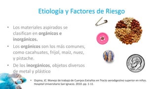 Etiología y Factores de Riesgo
• Los materiales aspirados se
clasifican en orgánicos e
inorgánicos.
• Los orgánicos son los más comunes,
como cacahuates, frijol, maíz, nuez,
y pistache.
• De los inorgánicos, objetos diversos
de metal y plástico
• Ospina, JC. Manejo de trabajo de Cuerpos Extraños en Tracto aerodigestivo superior en niños.
Hospital Universitario San Ignacio. 2010. pp. 1-11.
 