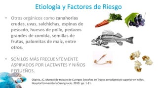 • Otros orgánicos como zanahorias
crudas, uvas, salchichas, espinas de
pescado, huesos de pollo, pedazos
grandes de comida, semillas de
frutas, palomitas de maíz, entre
otros.
• SON LOS MÁS FRECUENTEMENTE
ASPIRADOS POR LACTANTES Y NIÑOS
PEQUEÑOS.
Etiología y Factores de Riesgo
Ospina, JC. Manejo de trabajo de Cuerpos Extraños en Tracto aerodigestivo superior en niños.
Hospital Universitario San Ignacio. 2010. pp. 1-11.
 