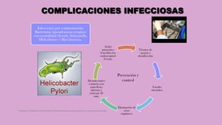 COMPLICACIONES INFECCIOSAS
Infecciones por contaminación:
Bacterianas (pseudomona eruginos
con mortalidad elevada, Salmonella,
Helicobacter y Mycobacteria.
Técnica de
asepsia y
desinfección
Lavado
mecánico
Eliminación de
retos
orgánicos.
Desinfectantes
contacto con
superficies
internas y
externas 20
min.
Ácido
paracético
(esteriliza los
endoscopios)
10 min.
Prevención y
control
Córdoba Villalobos José Angel.Procedimientos endoscopicos en gastroenterología
 