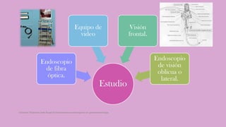 Estudio
Endoscopio
de fibra
óptica.
Equipo de
video
Visión
frontal.
Endoscopio
de visión
oblicua o
lateral.
Córdoba Villalobos José Angel.Procedimientos endoscopicos en gastroenterología
 