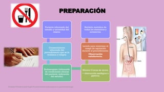 PREPARACIÓN
Paciente informado del
estudio y necesidad del
mismo.
Consentimiento
informado del
procedimiento que se le
realizara y riesgos.
Endoscopista (informado
de condiciones clínicas
del paciente, indicación
del estudio)
Mínimo 6 horas de ayuno.
+ obstrucción esofágica o
gastrica.
Lavado para minimizar el
riesgo de aspiración
durante el procedimiento.
Observación
satisfactoria.
Revisión metódica de
todos los elementos y
accesorios.
Córdoba Villalobos José Angel.Procedimientos endoscopicos en gastroenterología
 