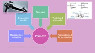 PrimeroMovilidad de
controles
Botones de
succión
Aire-agua
Visibilidad
adecuada.
Permeabilidad
de los canales.
Córdoba Villalobos José Angel.Procedimientos endoscopicos en gastroenterología
 