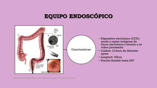 EQUIPO ENDOSCÓPICO
Características:
• Dispositivo electrónico (CCD):
ayuda a captar imágenes de
forma electrónica y llevarla a un
video procesador
• Calibre: 12,5mm de diámetro
aprox.
• Longitud: 165cm
• Porción flexible hasta 230º
Córdoba Villalobos José Angel.Procedimientos endoscopicos en gastroenterología
 