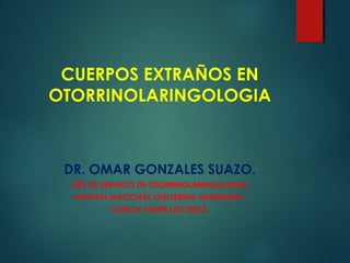 CUERPOS EXTRAÑOS EN
OTORRINOLARINGOLOGIA
DR. OMAR GONZALES SUAZO.
JEFE DE SERVICIO DE OTORRINOLARINGOLOGIA.
HOSPITAL NACIONAL GUILLERMO ALMENARA I.
CLINICA PADRE LUIS TEZZA.
 