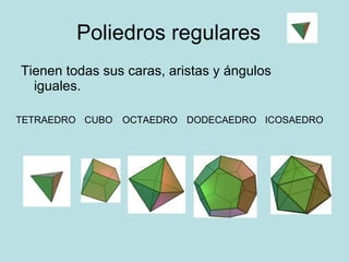 Poliedros regulares  Tienen todas sus caras, aristas y ángulos iguales. ICOSAEDRO DODECAEDRO OCTAEDRO CUBO TETRAEDRO 