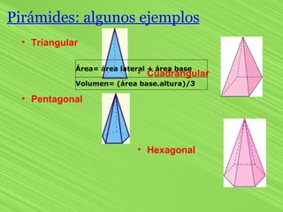 Pirámides: algunos ejemplos Triangular Pentagonal Hexagonal Cuadrangular Área= área lateral + área base Volumen= (área base.altura)/3 