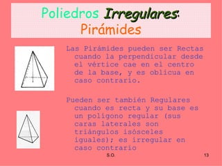 Poliedros  Irregulares :  Pirámides Las Pirámides pueden ser Rectas cuando la perpendicular desde el vértice cae en el centro de la base, y es oblicua en caso contrario. Pueden ser también Regulares cuando es recta y su base es un polígono regular (sus caras laterales son triángulos isósceles iguales); es irregular en caso contrario  