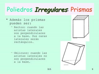 Poliedros   Irregulares :  Prismas Además los prismas pueden ser: Rectos: cuando las aristas laterales son perpendiculares a la base. Sus caras laterales serán rectángulos. Oblicuos: cuando las aristas laterales no son perpendiculares a la base. 