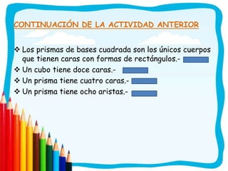 CONTINUACIÓN DE LA ACTIVIDAD ANTERIOR
 Los prismas de bases cuadrada son los únicos cuerpos
que tienen caras con formas de rectángulos.-
 Un cubo tiene doce caras.-
 Un prisma tiene cuatro caras.-
 Un prisma tiene ocho aristas.-
 
