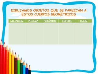 DIBUJAMOS OBJETOS QUE SE PAREZCAN A
ESTOS CUERPOS GEOMÉTRICOS
CILINDRO PRISMA PIRÁMIDE ESFERA CONO
 