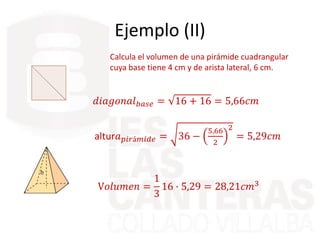 Ejemplo (II)
Calcula el volumen de una pirámide cuadrangular
cuya base tiene 4 cm y de arista lateral, 6 cm.
𝑑𝑖𝑎𝑔𝑜𝑛𝑎𝑙 𝑏𝑎𝑠𝑒 = 16 + 16 = 5,66𝑐𝑚
altur𝑎 𝑝𝑖𝑟á𝑚𝑖𝑑𝑒 = 36 −
5,66
2
2
= 5,29𝑐𝑚
V𝑜𝑙𝑢𝑚𝑒𝑛 =
1
3
16 · 5,29 = 28,21𝑐𝑚3
 