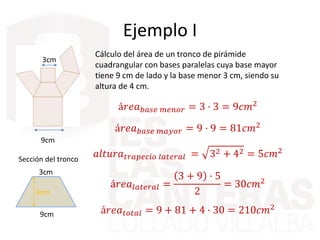 Ejemplo I
Cálculo del área de un tronco de pirámide
cuadrangular con bases paralelas cuya base mayor
tiene 9 cm de lado y la base menor 3 cm, siendo su
altura de 4 cm.
9cm
3cm
9cm
Sección del tronco
3cm
4cm
á𝑟𝑒𝑎 𝑏𝑎𝑠𝑒 𝑚𝑒𝑛𝑜𝑟 = 3 · 3 = 9𝑐𝑚2
á𝑟𝑒𝑎 𝑏𝑎𝑠𝑒 𝑚𝑎𝑦𝑜𝑟 = 9 · 9 = 81𝑐𝑚2
𝑎𝑙𝑡𝑢𝑟𝑎 𝑡𝑟𝑎𝑝𝑒𝑐𝑖𝑜 𝑙𝑎𝑡𝑒𝑟𝑎𝑙 = 32 + 42 = 5𝑐𝑚2
á𝑟𝑒𝑎𝑙𝑎𝑡𝑒𝑟𝑎𝑙 =
3 + 9 · 5
2
= 30𝑐𝑚2
á𝑟𝑒𝑎 𝑡𝑜𝑡𝑎𝑙 = 9 + 81 + 4 · 30 = 210𝑐𝑚2
 