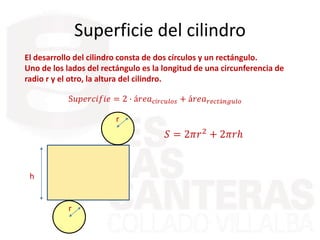Superficie del cilindro
h
r
r
El desarrollo del cilindro consta de dos círculos y un rectángulo.
Uno de los lados del rectángulo es la longitud de una circunferencia de
radio r y el otro, la altura del cilindro.
S𝑢𝑝𝑒𝑟𝑐𝑖𝑓𝑖𝑒 = 2 · á𝑟𝑒𝑎 𝑐í𝑟𝑐𝑢𝑙𝑜𝑠 + á𝑟𝑒𝑎 𝑟𝑒𝑐𝑡á𝑛𝑔𝑢𝑙𝑜
𝑆 = 2𝜋𝑟2 + 2𝜋𝑟ℎ
 