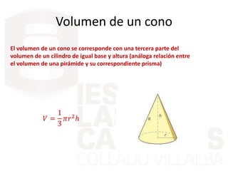 Volumen de un cono
El volumen de un cono se corresponde con una tercera parte del
volumen de un cilindro de igual base y altura (análoga relación entre
el volumen de una pirámide y su correspondiente prisma)
𝑉 =
1
3
𝜋𝑟2ℎ
 