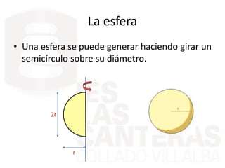 La esfera
• Una esfera se puede generar haciendo girar un
semicírculo sobre su diámetro.
r
2r
 
