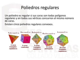Poliedros regulares
Un poliedro es regular si sus caras son todas polígonos
regulares y en todos sus vértices concurren el mismo número
de caras.
Existen cinco poliedros regulares convexos.
 