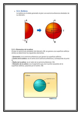 ➢ 5.3- Esfera
La esfera es el sólido generado al girar una semicircunferencia alrededor de
su diámetro.
5.3.1- Elementos de la esfera
Al girar el semicírculo alrededor del diámetro AB, se genera una superficie esférica
donde se determinan los siguientes elementos:
- Generatriz: es la semicircunferencia que genera la superficie esférica.
- Centro de la esfera: es el centro de la semicircunferencia y corresponde al punto
O.
- Radio de la esfera: es el radio de la semicircunferencia: OA.
- Diámetro de la esfera: es el segmento que une 2 puntos opuestos de la
superficie esférica, pasando por el centro: AB.
 