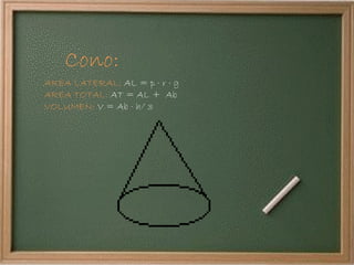 Cono: AREA LATERAL:  AL = p · r · g AREA TOTAL:  AT = AL +  Ab VOLUMEN:  V = Ab · h/ 3 