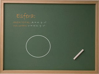 Esfera: AREA TOTAL:  A = 4 · p · r 2 VOLUMEN:  V = 4/3 · p · r 3 