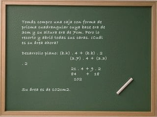 Tomás compro una caja con forma de prisma cuadrangular cuya base era de 3cm y su altura era de 7cm. Pero lo recorto y abrió todas sus caras. ¿Cuál es su área ahora? Desarrollo plano: (b.h) . 4 + (b.b) . 2 (3.7) . 4 + (3.3) . 2 21 . 4 + 9 . 2 84  +  18  102 Su área es de 102cm2.  